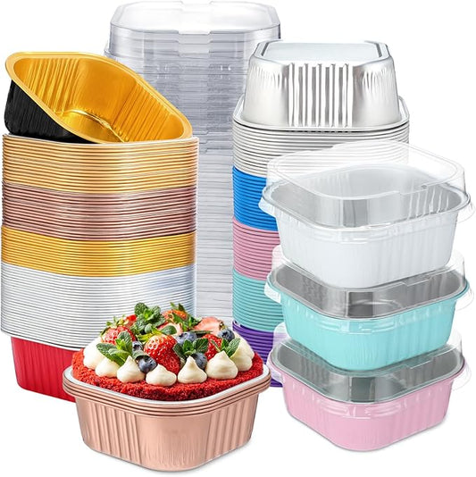 Aoriher 300 Pieces 10 oz Mini Cake Pans with Lids, Aluminum Foil Baking Cups, Square Disposable Cupcake Cups Baking Tins for Wedding Birthday Party Supplies(Colorful)