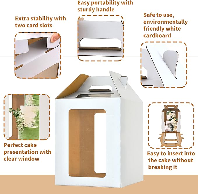 XININSUN 3Pack Tall Cake Boxes for Tier Cakes with 4 windows 10x10x12Inch cake transport container,Bakery Take Out Transport Containers Tall Cake Carrier with Handle for Wedding, Birthday, Party