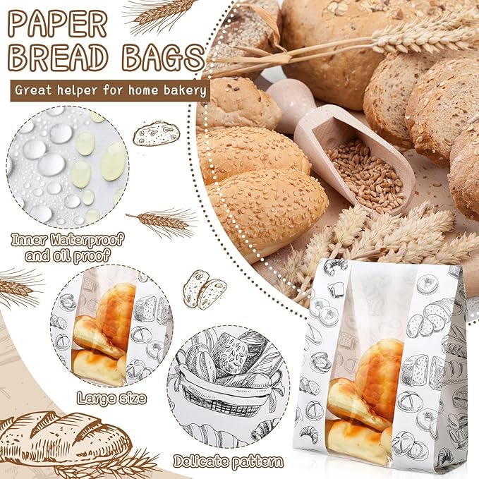 100 Packs Paper Bread Bags for Homemade Bread Sourdough 13.8 x 8.3 x 3.5 Inches Kraft Paper Bakery Bag with Window Label Seal Sticker for Baked Food Packaging Storage(White)