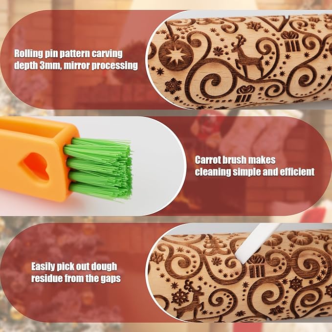 17" Premium Wooden Rolling Pins for Baking with Reindeer Embossed Designs | 3mm Deep Springerle Cookie Molds | Christmas Rolling Pin & Baking Gifts for Women | Includes 3-in-1 Cleaning Brush
