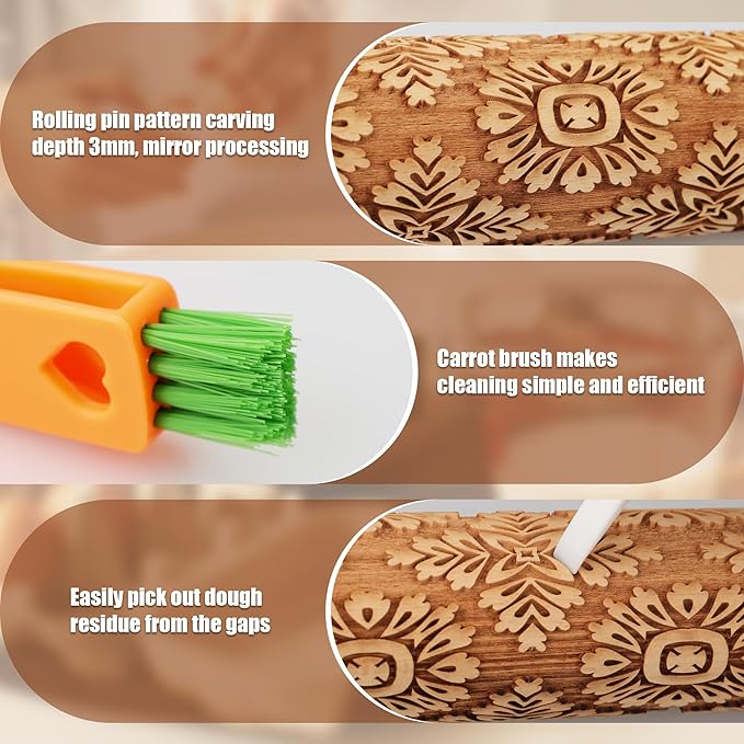 17" Premium Wooden Rolling Pins for Baking with European Embossed Designs | 3mm Deep Springerle Cookie Molds | Christmas Rolling Pin & Baking Gifts for Women | Includes 3-in-1 Cleaning Brush