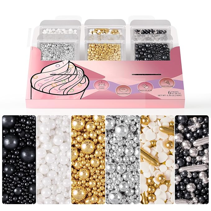 HUEBEATY 6-in-1 Edible Cake Pearl Sprinkles – Black Gold Silver White Sprinkles for Cake Decorating, Cupcakes, Cookies & Ice Cream | 6.36oz/180g | Wedding, Birthday, Graduation, New Year, Valentines Decorations