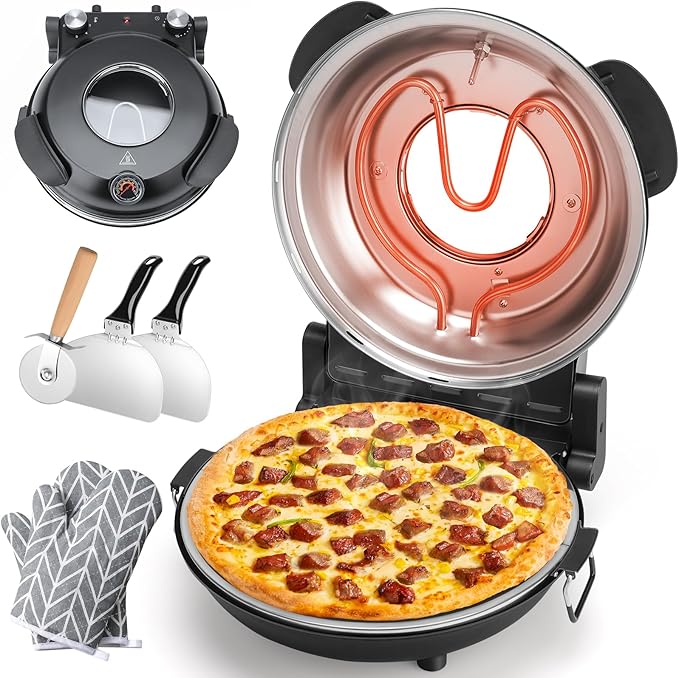 KEENSTAR Electric Pizza Oven Indoor with Glazed Ceramic Stone, 12-Inch Portable Countertop Pizza Maker with Adjustable Timer, 1200W Heat up to 800°F Pizza Maker with Viewing Window for Home DIY Pizza