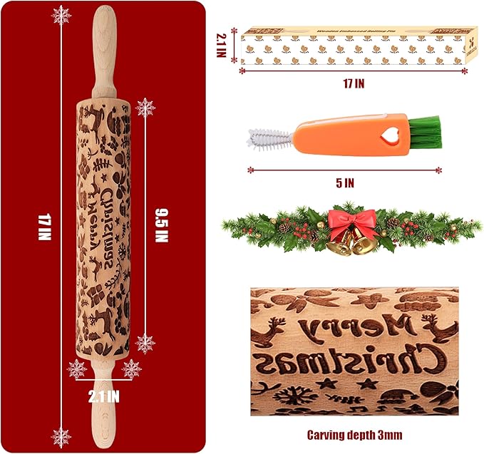 17" Premium Wooden Rolling Pins for Baking with Reindeer Embossed Designs | 3mm Deep Springerle Cookie Molds | Christmas Rolling Pin & Baking Gifts for Women | Includes 3-in-1 Cleaning Brush