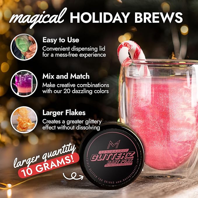 MONÉGASQUE Baby Pink Edible Glitter for Drinks 10g – Pink Edible Glitter for Cakes & Cocktails – Christmas Drink Shimmer Powder – Cocktail Sparkles for Drinks – Food & Cake Decorations Spray Sprinkles