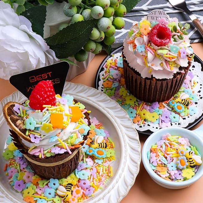 Flower Sprinkles for Cake Decorating, Edible flower and Bee Sugar Mix, Perfect for Cake Decorations, Baking, Ice Cream, Cookies, Cupcake Toppers