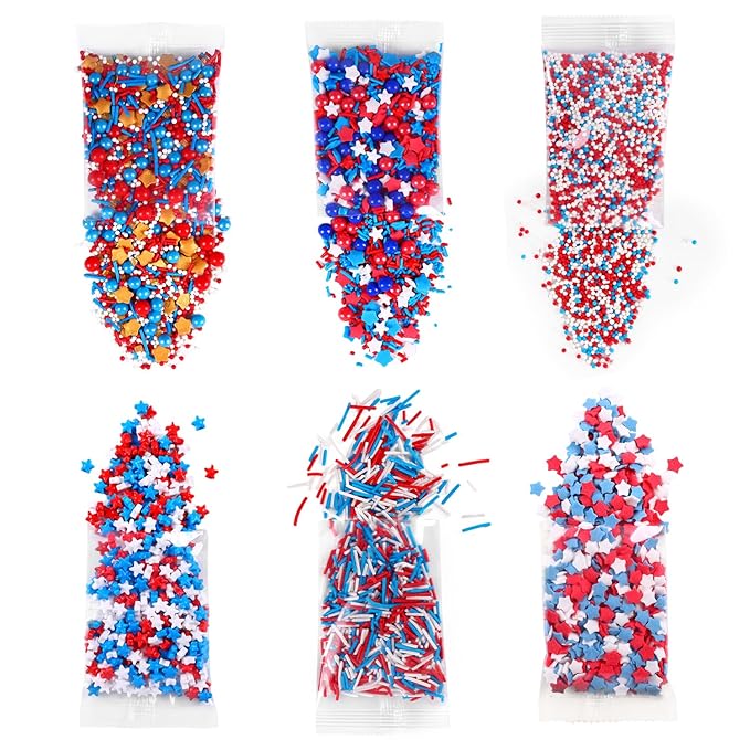 Edible Patriotic Sprinkles Nonpareils Red White and Blue 4th of July for Cake Decorating Baking, Ice Cream, Cookies, Cupcake Topper (6 Packs)