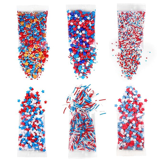 Edible Patriotic Sprinkles Nonpareils Red White and Blue 4th of July for Cake Decorating Baking, Ice Cream, Cookies, Cupcake Topper (6 Packs)