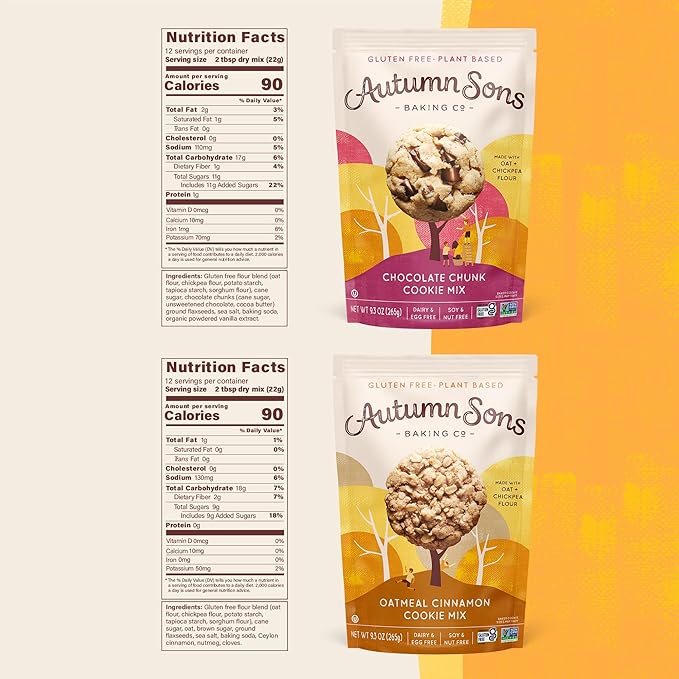Autumn Sons Baking Co. Gluten Free Chocolate Chunk & Oatmeal Cinnamon Cookie Mix Combo Pack. Vegan Plant Based Baking Mix. Top 9 Allergen Free. 9.3 oz (Pack of 2)