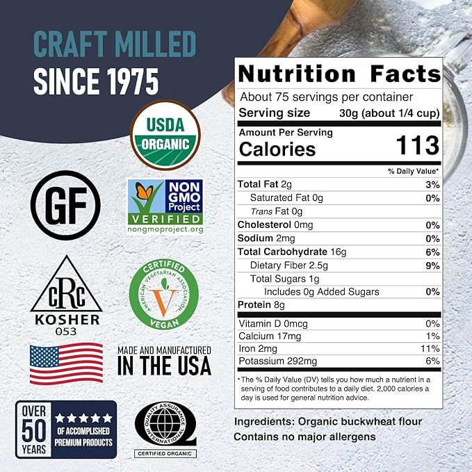 Great River Organic Milling Organic Buckwheat Flour | Gluten Free Flour Alternative | USDA Organic, Non-GMO, Kosher | Ideal for Crepes, Pancakes, Waffles, Baking & More | 5 Lb