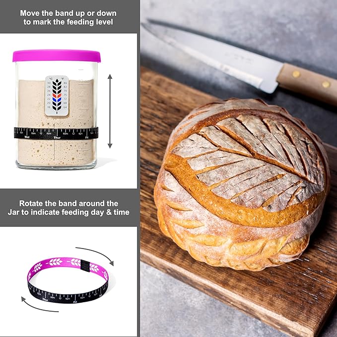 Premium Sourdough Starter Jar - 40oz Large Sourdough Jar with Marked Feeding Band, Thermometer, Scraper, Cloth Cover and Silicone Lid/Base, Wide Mouth Starter Kit - Pink