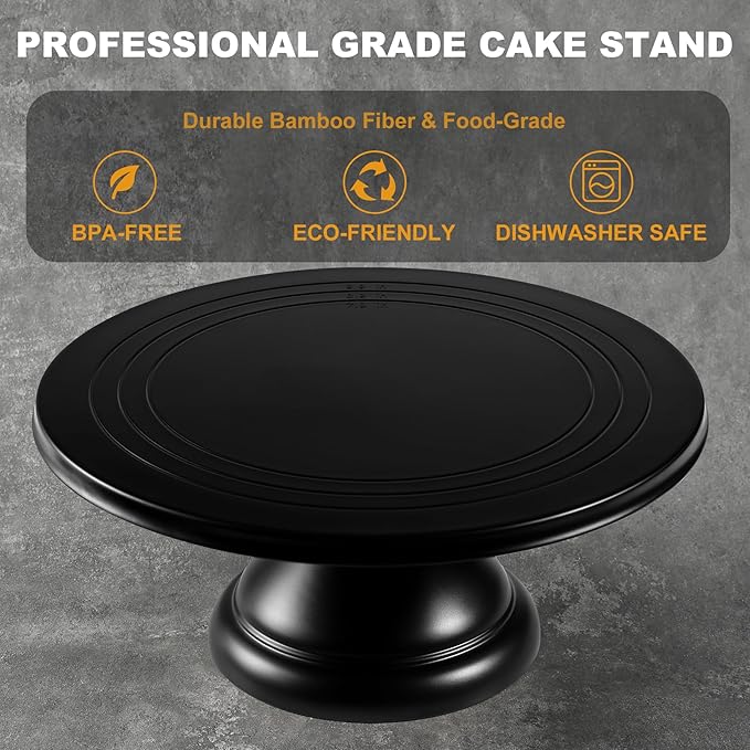 Large Cake Stand 12 Inch with Cake Spatula, Round Bamboo Fiber Cupcake Dessert Stand, Cake Decorating Display Stand for Birthday Parties, Weddings, Baby Shower and Other Events, Black