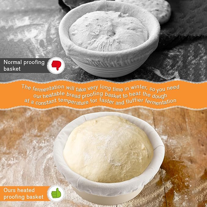 Enhon Heated Bread Proofing Baskets, Round 9 Inch Sourdough Starter Kit 4 Levels Temperature Adjustment Bread Making Tool, Proofing Basket with Liners for Banneton Bread Baking Homemade Essentials