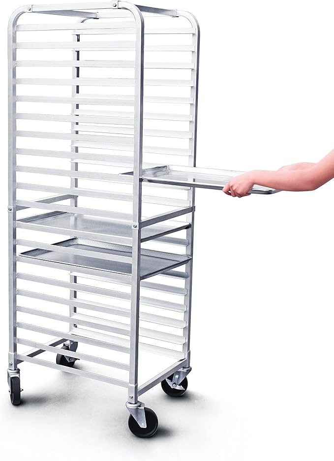 New Star Foodservice 36527 Commercial-Grade Aluminum 20-Tier Sheet Pan/Bun Pan Rack, 26" L x 20" W x 69" H with Brake Wheels Silver