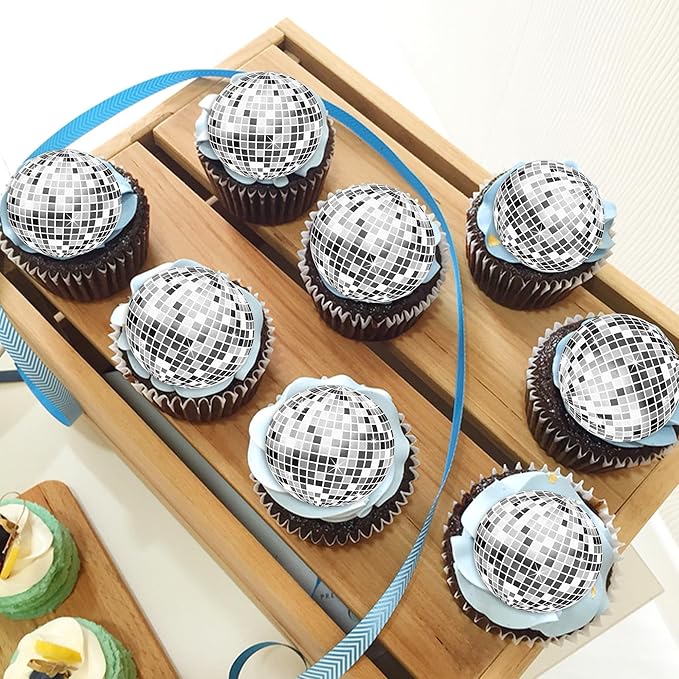 40Pcs Edible Sparkling Disco Ball Cowboy Hat Cupcake Topper Western Disco Ball Paper Cupcake Topper Selection Birthday Disco 2000s Theme Party