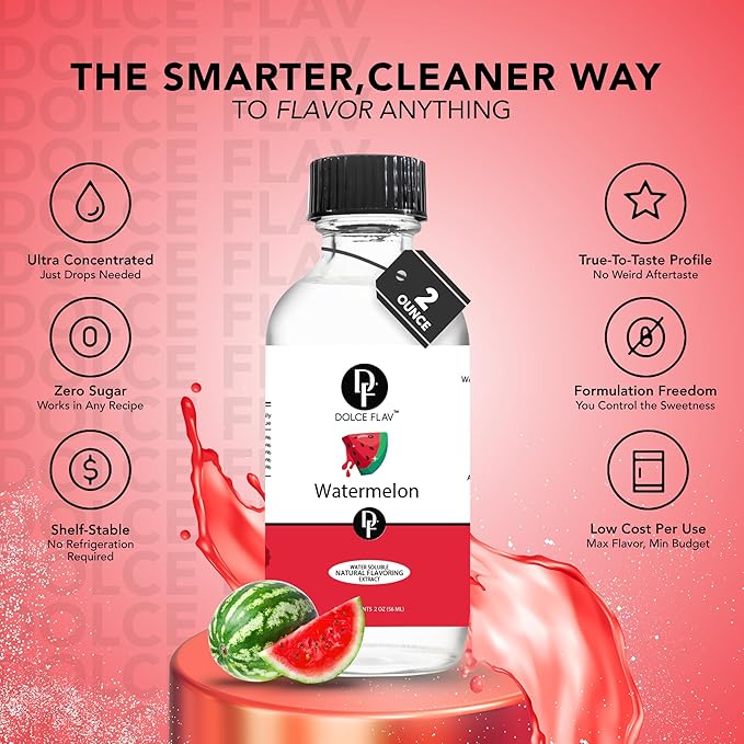 Dolce Flav Natural Watermelon Flavoring – Sweet, Juicy Summer Fruit Taste | 2 oz Extract for Baking, Drinks & Frozen Treats | Graduated Dropper Included | Water-Soluble | Kosher | Made in USA