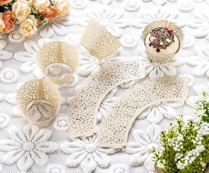 YOZATIA 60PCS Ivory Cupcake Wrappers, Lace Cupcake Liners Laser cut Cupcake Papers for Wedding/Birthday Party Decoration (ivory)