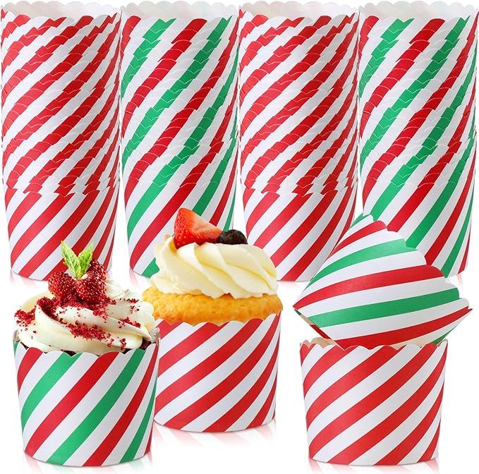 100 Pcs Christmas Cupcake Liners Bulk Red Green Baking Paper Cup Xmas Muffin Wrappers Striped Candy Pattern Baking Cup for Christmas Birthday Decoration, 2.8" x 2.4" x 2.2"