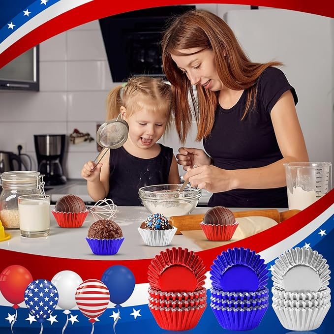 AUGSUN 400pcs 4th of July Mini Foil Cupcake Liners Cupcake Red Blue Silver Mini Muffin Cupcake Wrappers for Patriotic Independence Day Holiday Birthday Veterans Party Cake Candy Chocolate Decorations