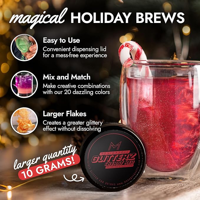 MONÉGASQUE Cherry Red Edible Glitter for Drinks 10g – Red Edible Glitter for Cakes & Cupcakes - Champagne & Cocktail Drink Shimmer Flakes - Food Decorating Christmas Sprinkles & Cake Decorations Spray