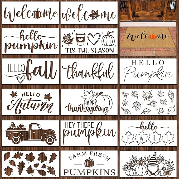 Dunzy 16 Pcs Thanksgiving Stencils for Door Mats Crafts Reusable Hello Welcome Templates Large Hello Stencil for Painting on Wood Sign Wall Doormat DIY Project