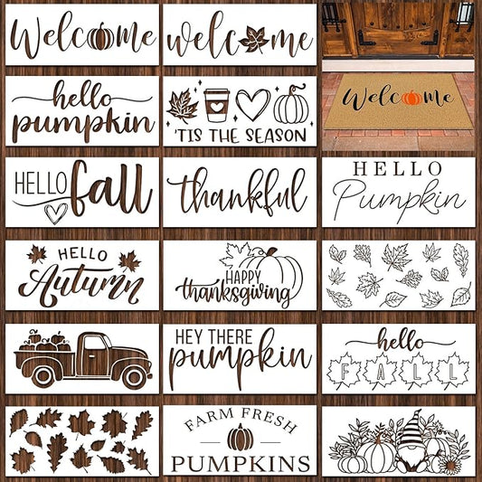 Dunzy 16 Pcs Thanksgiving Stencils for Door Mats Crafts Reusable Hello Welcome Templates Large Hello Stencil for Painting on Wood Sign Wall Doormat DIY Project