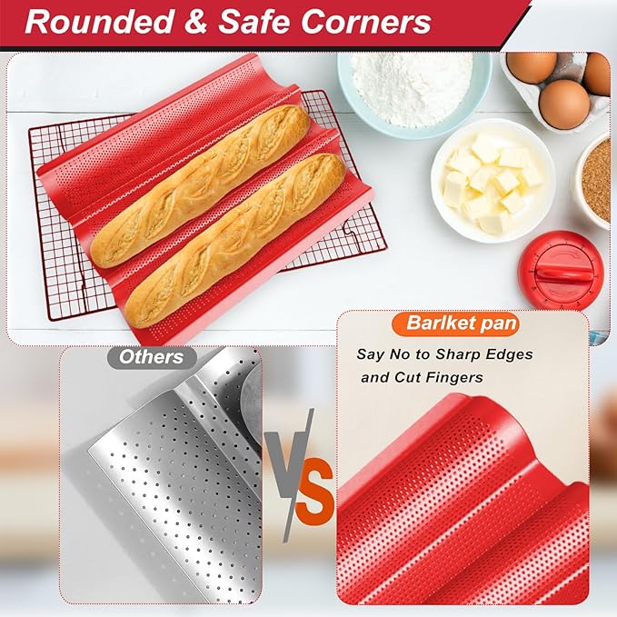 Baguette Bread Pan for Baking – Nonstick Perforated French Bread Pan, 3 Wave Thickened Carbon Steel Baguette Tray for Homemade French Baguettes, Garlic Bread, and Sandwich Rolls, Red