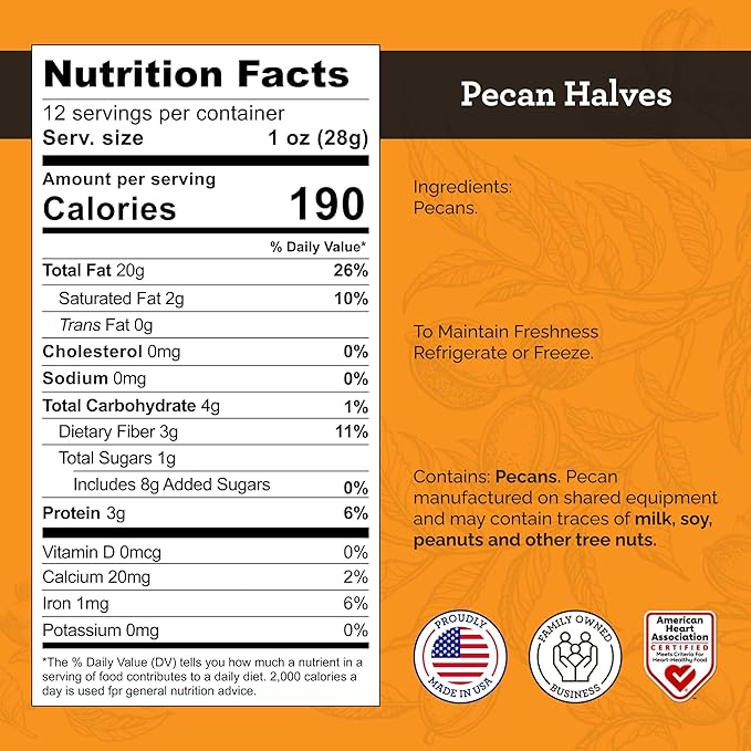 HUDSON PECAN COMPANY | Fresh Delicious Fancy Georgia Pecan Halves | Local, Gluten-Free, Keto-Friendly & Kosher Certified | Perfect for Baking, Cooking, Desserts & Snacking, 12 oz Resealable Bag