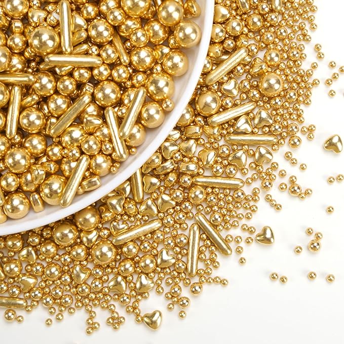 Edible Gold Pearl Heart Rods Sprinkles, Mix Size, Gold Pearl Sprinkles for Cake Decorating, Cupcake Topper Decorations, Wedding Party Christmas Supplies, 130g/4.58oz