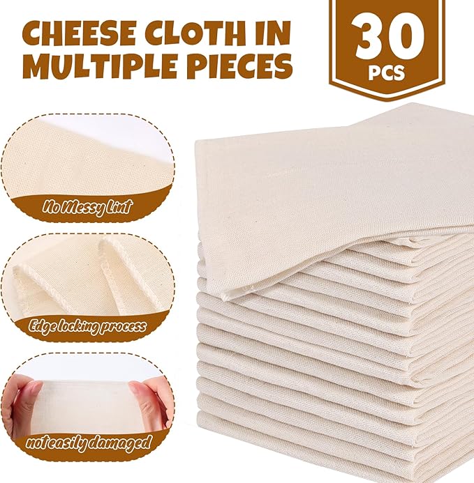30 PCS Reusable Cheese Cloths for Straining, 20x20 Inch, Organic Cotton Cheese Cloths Unbleached,Cheese Cloth Reusable With Hemmed Edge for Straining Liquid,Cheese Making,Juicing,Baking,Cooking Turkey