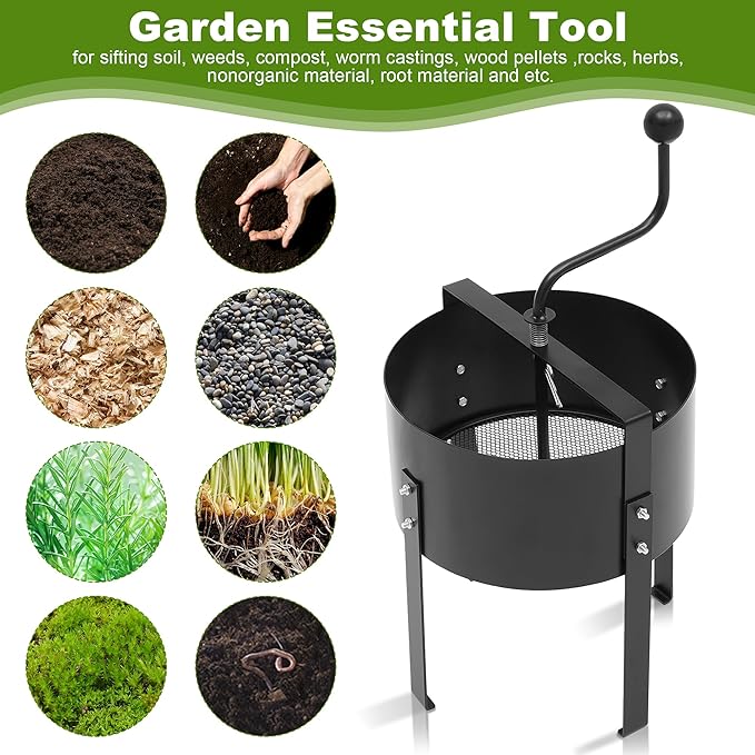 Rotary Soil Sifter Compost Sieve with Gloves and Shovel, Steel Garden Potting Sifting Mesh Rock Sand Dirt Sieve, 13" Sifting Filter with 1/5 Inch Mesh Sifting