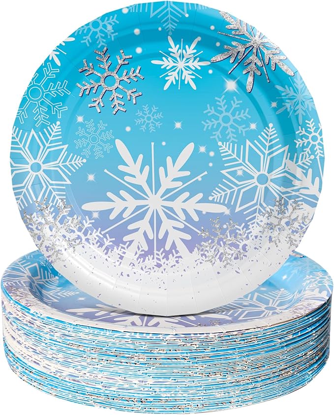 AFZMON 50 Pack Frozen Party Plates Dessert Paper Dinnerware Plates, 7 Inch Winter Snowflake Theme Disposable Round Plate for Christmas Xmas Winter Wonderland Frozen-theme Party Supplies