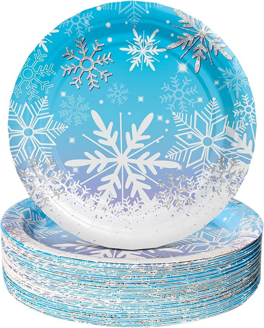 AFZMON 50 Pack Frozen Party Plates Dessert Paper Dinnerware Plates, 7 Inch Winter Snowflake Theme Disposable Round Plate for Christmas Xmas Winter Wonderland Frozen-theme Party Supplies