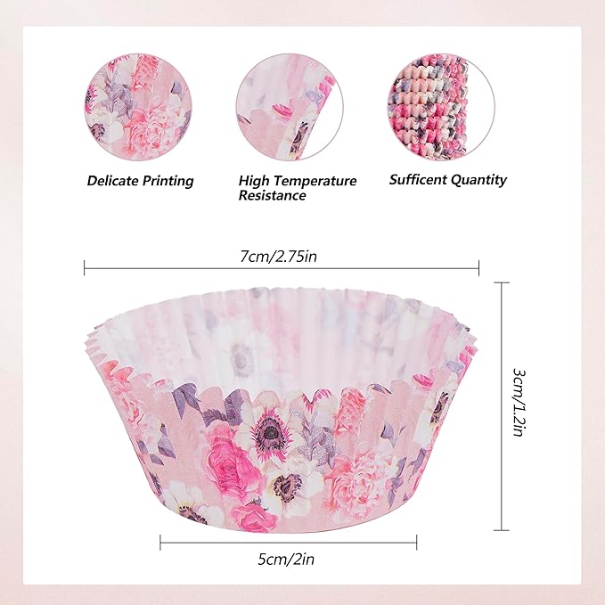 Floral Standard Cupcake Liners 400 Count Paper Baking Cups Food Grade Disposable Cupcake Wrappers, Pink