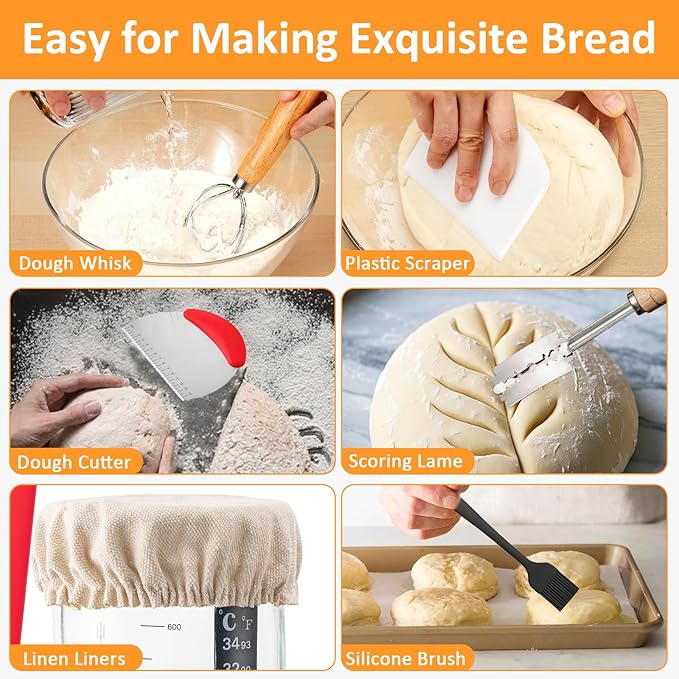 Sourdough Starter Kit,Sourdough Bread Baking Supplies with 24oz Glass Sour Dough Starter Jars and Mixing Bowl,Baking Accessories,Sour Doughs Tools,Bakings Mat Dough Scraper, Lid & More