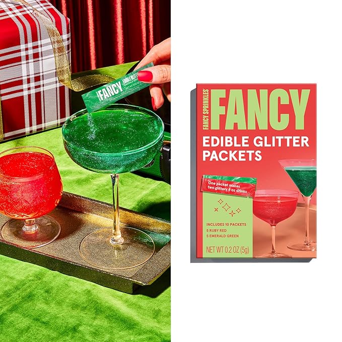Fancy Sprinkles Limited Edition Holiday Mistletoe Magic Ruby Red and Emerald Green Edible Glitter Packets Portable & On-The-Go for Sparkling Drinks, Champagne, Cocktails, Wine, Beer, & more. (1 Pack)