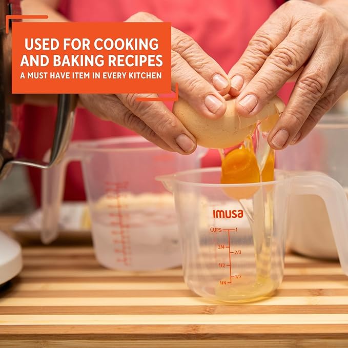 IMUSA Plastic Measuring Cups Set of 3/1,2 & 4 Cup with Easy Pour Spout & Red Indicators, Nesting Liquid and Dry Measuring Cups for Cooking & Baking