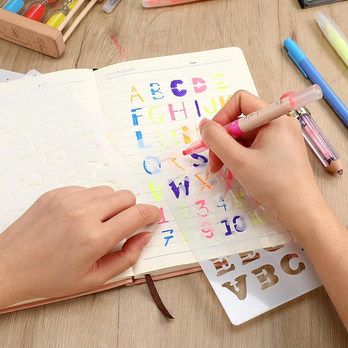28 Pcs Plastic Letter Number Stencil for Painting Reusable Alphabet Journal Font Template Calligraphy Letter Stencil for Notebook Diary Scrapbook DIY Drawing Wood Glass Door Holiday Decor