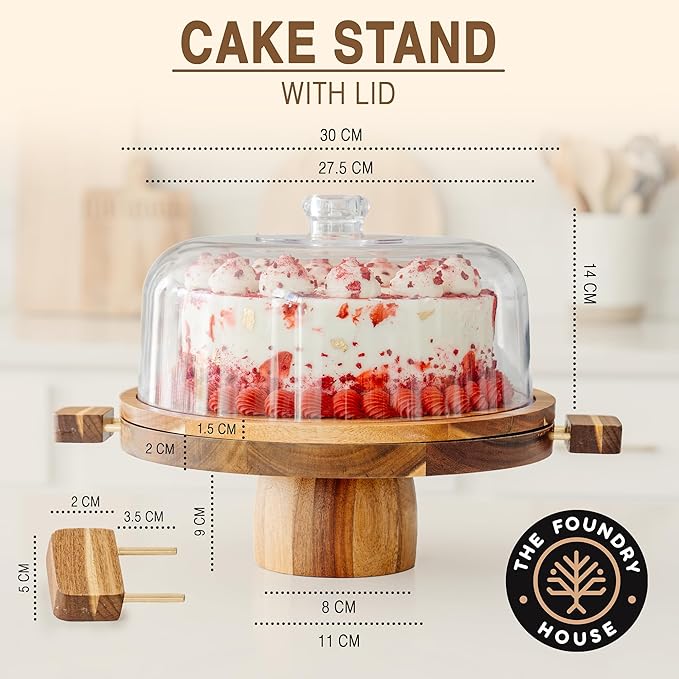 Acacia Wood Cake Stand with Lid – 3-in-1 Split Design, Magnetic Base with Detachable Handles & Acrylic Cake Stand Dome Cover – Charcuterie Board, Serving Platter for Cakes, Cheese & More (11”)
