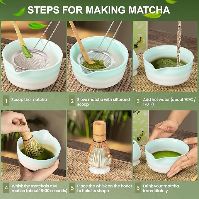 Matcha Whisk Set,Ceramic Matcha Kit Set Includes Bowl with Spout, Whisk,Holder,Bamboo Scoop and Sifter,5 pcs Matcha Tea Kit for Matcha Lovers, Ideal Gift Christmas, Birthday (Green gradient)
