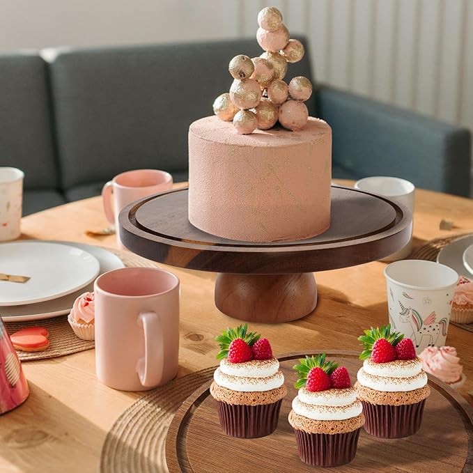 Set of 2 Acacia Wood Cake Stand with Acrylic Lid, 11.81'' Cake Plates and 9.84'' Rotating Cake Holder for Party, Wedding