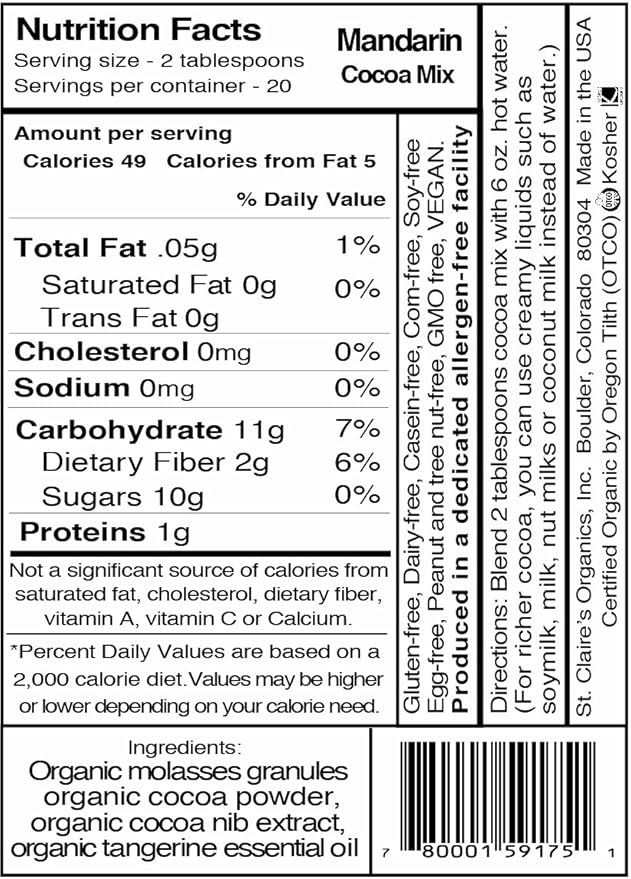 St. Claire's Organic Gourmet Hot Cocoa, (Mandarin, 12 Ounce Bag, 20 servings) | Allergen-Free, Vegan, GMO-Free, Gluten-Free | Made in our Allergen-Free facility