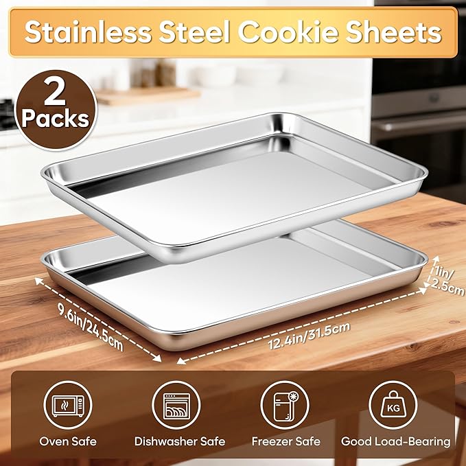 Stainless Steel Baking Sheet Set, 2 Pcs Quarter Cookie Sheet Pan Baking Trays for Oven, Non Stick and Heavy Duty and Easy Clean, 12.4 x 9.6 x 1 Inch