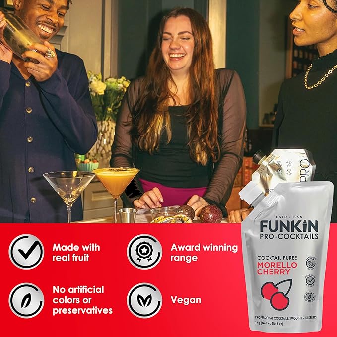 Funkin Fruit Puree | Real Fruit, Simple Ingredient, Natural Mixer for Cocktails, Drinks, Smoothies | Vegan, Non-GMO, Gluten-Free (2.2 lbs) (Morello Cherry)