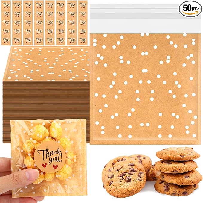 Self Adhesive Cookie Bags Cellophane Polka Dot Treat Bags Small Plastic with Thank You Stickers for Party Gift Giving Bakery Biscuit Candy Pastry(3.94 x 3.94 Inch,Small Dot,50 Pcs)