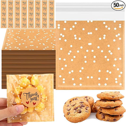 Self Adhesive Cookie Bags Cellophane Polka Dot Treat Bags Small Plastic with Thank You Stickers for Party Gift Giving Bakery Biscuit Candy Pastry(3.94 x 3.94 Inch,Small Dot,50 Pcs)