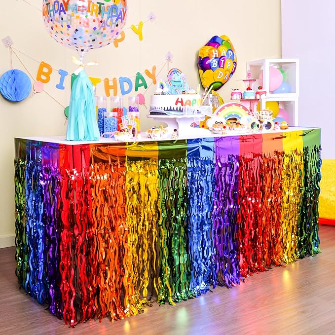 LOLStar Rainbow Party Decorations, 2 Pack Wavy Metallic Tinsel Foil Fringe Table Skirts, Perfect Table Decors for Birthday Holiday Wedding Engagement Bridal Shower Pride Party Cartoon Party
