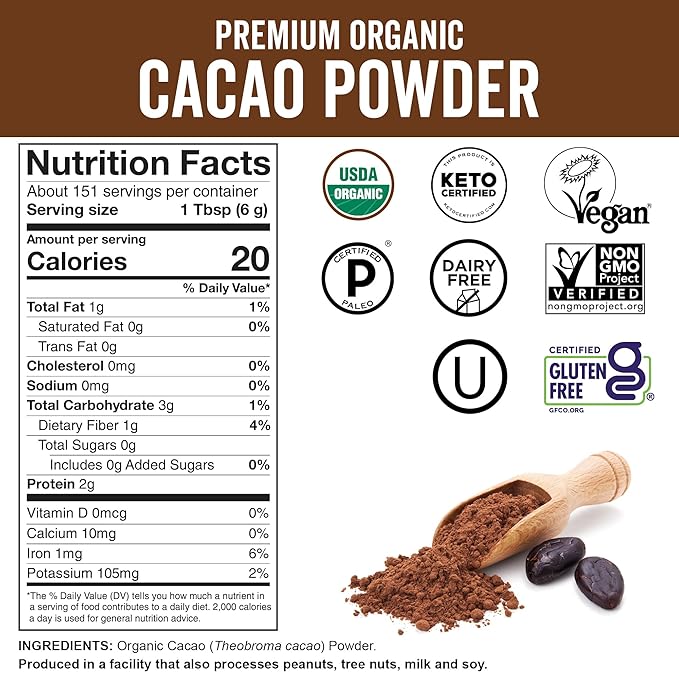 Organic Cacao Powder, Unsweetened, 2 lb (907 g) – Rich Dark Chocolate Flavor, Perfect for Baking, Smoothies & Hot Chocolate – Vegan, Keto, Paleo, Non-GMO & Gluten-Free Cocoa Powder
