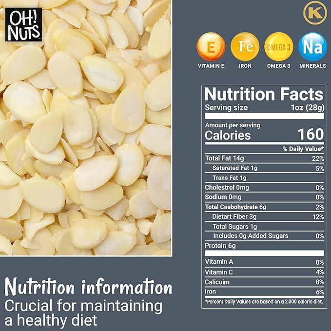 Oh! Nuts Almonds Blanched Sliced - Raw - 100% Natural - 2 LB - High-Protein Almonds - Packed in New York Zip-Seal Bag for Exceptional Freshness