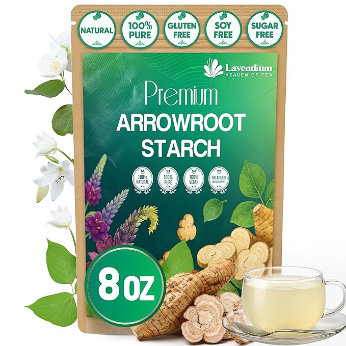 Lavendium, Premium Arrowroot Starch Powder – 8oz Resealable Bag, Gluten-Free, Non-GMO, Premium Plant-Based Thickener for Cooking, Baking & Frying. No Sugar. No Caffeine. Vegan